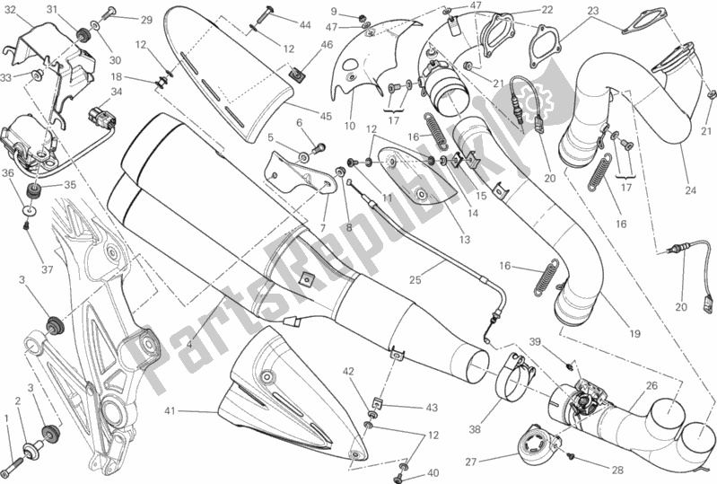 All parts for the Exhaust System of the Ducati Diavel Carbon Thailand 1200 2014
